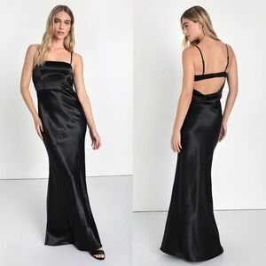 Lulus Endlessly Intriguing Black Satin Maxi Dress XL Wedding Party Formal Prom